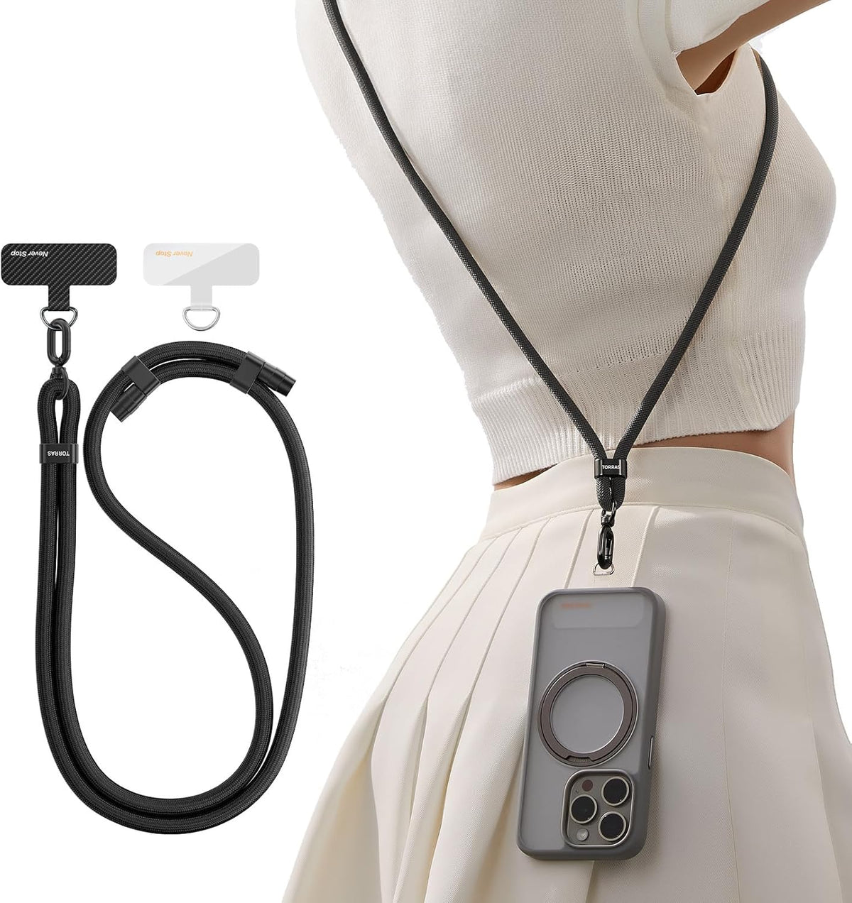 TORRAS Phone Lanyard Crossbody with 2 Phone Tabs, Adjustable Anti Theft Phone Strap for All Phones, Premium Metal Buckles, Skin-Friendly, Universal Cell Phone Neck lanyard for Travel Essentials, Black