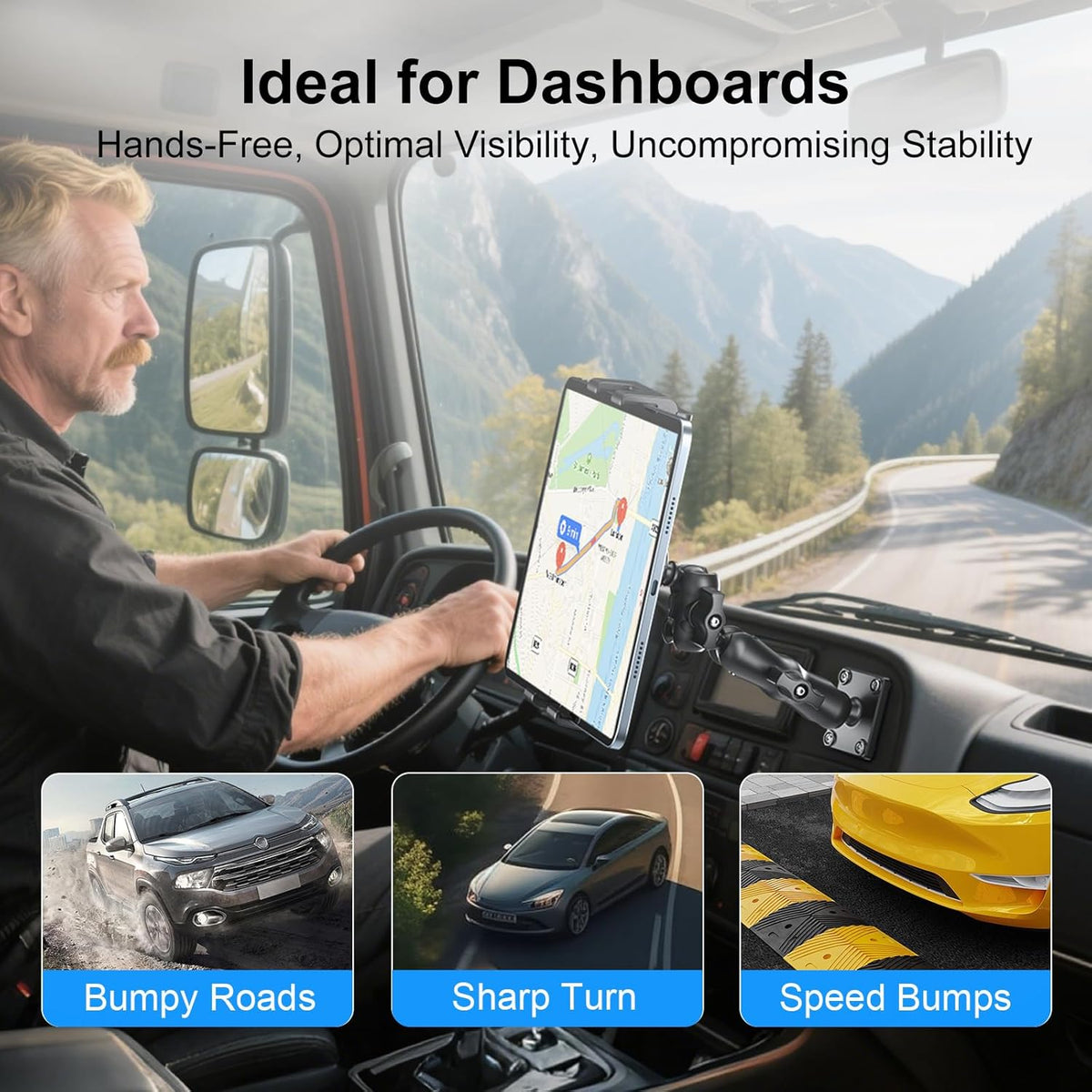 PLDHPRO Tablet Mount for Truck, Heavy Duty Drill Base Tablet Holder for Car Dashboard, Adjustable 2-Stage Stand Compatible with iPad, Galaxy Tab/Z Fold, 5.1-15.6'' Phone Tab for Wall, Vehicle, Boat