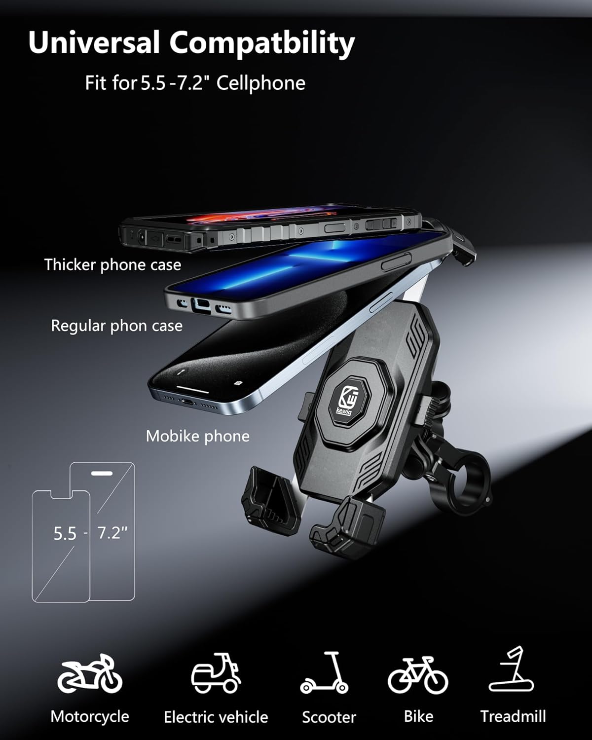 Kewig Motorccyle Phone Mount with Vibration Dampener, 1s Lock Motorcycle Phone Holder with Aluminum Alloy Mounting Base, Bike Handlebar Phone Holder for Motorcycle Bike Scooter, for 5.5''-7.2'' Phones
