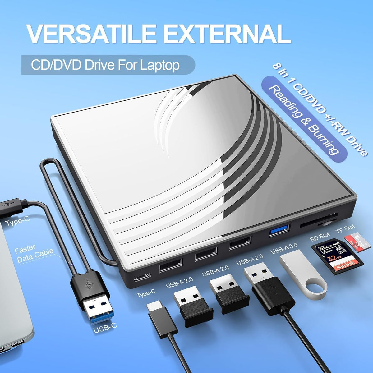 External CD/DVD Drive for Laptop, Ultra Slim CD Burner USB 3.0 Hub with 4 USB Ports, 2 TF/SD Card Slots,1 Type-C Port,DVD Player for Laptop Compatible with mac OS/Windows/Linux (Silver)