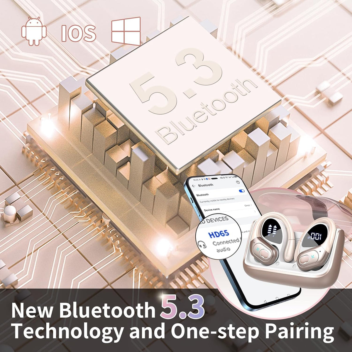 Wireless Earbuds 75hrs Bluetooth 5.4 Headphone Sport, 2025 Bluetooth Earbuds Stereo Deep Bass Over Ear Bud with Earhooks, ENC Noise Cancelling Mic, IPX7 Waterproof Earphone Rose Gold