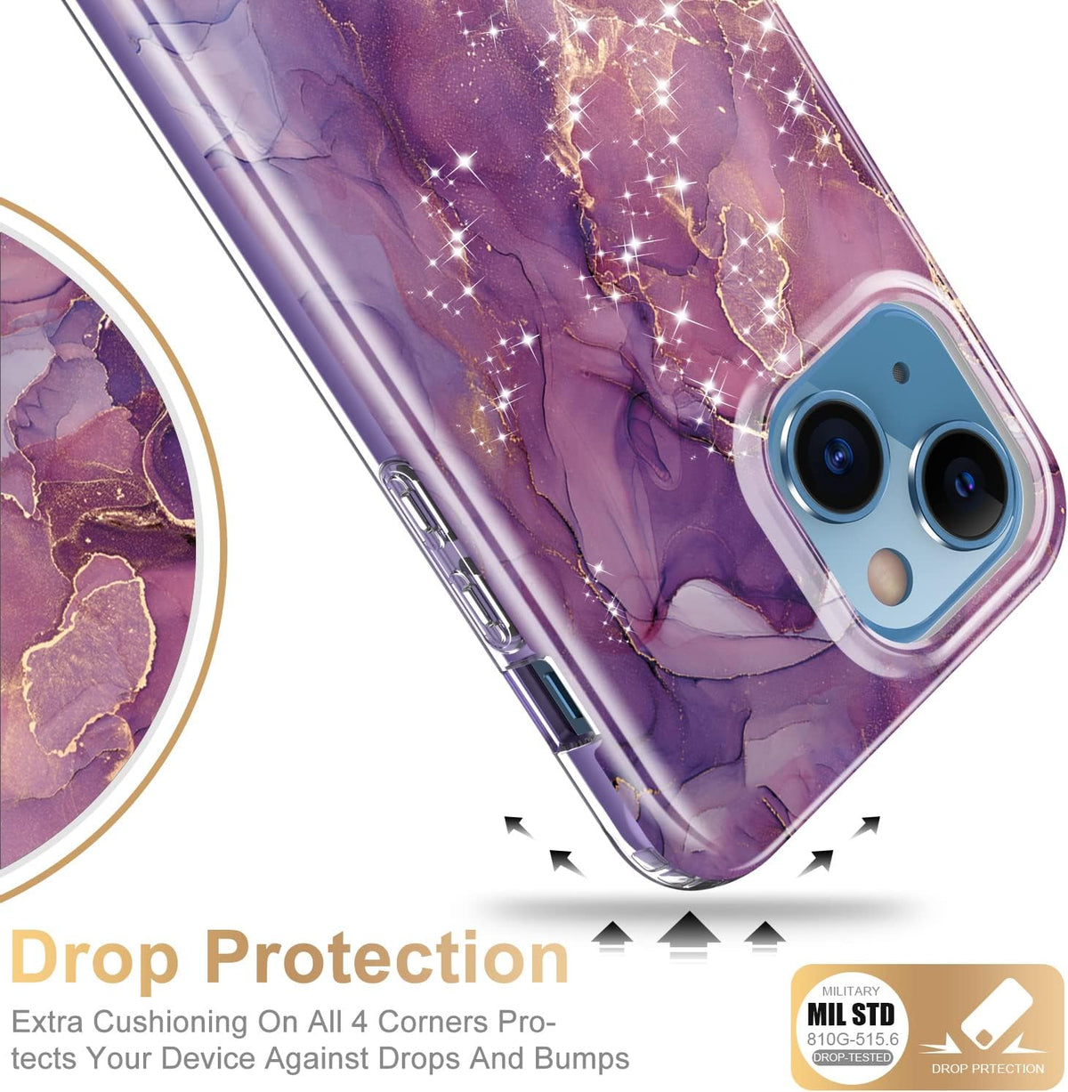 Esdot Rugged Case for iPhone 13 with Built-in Screen Protector, Military Grade, Fashionable Designs, Glitter Purple