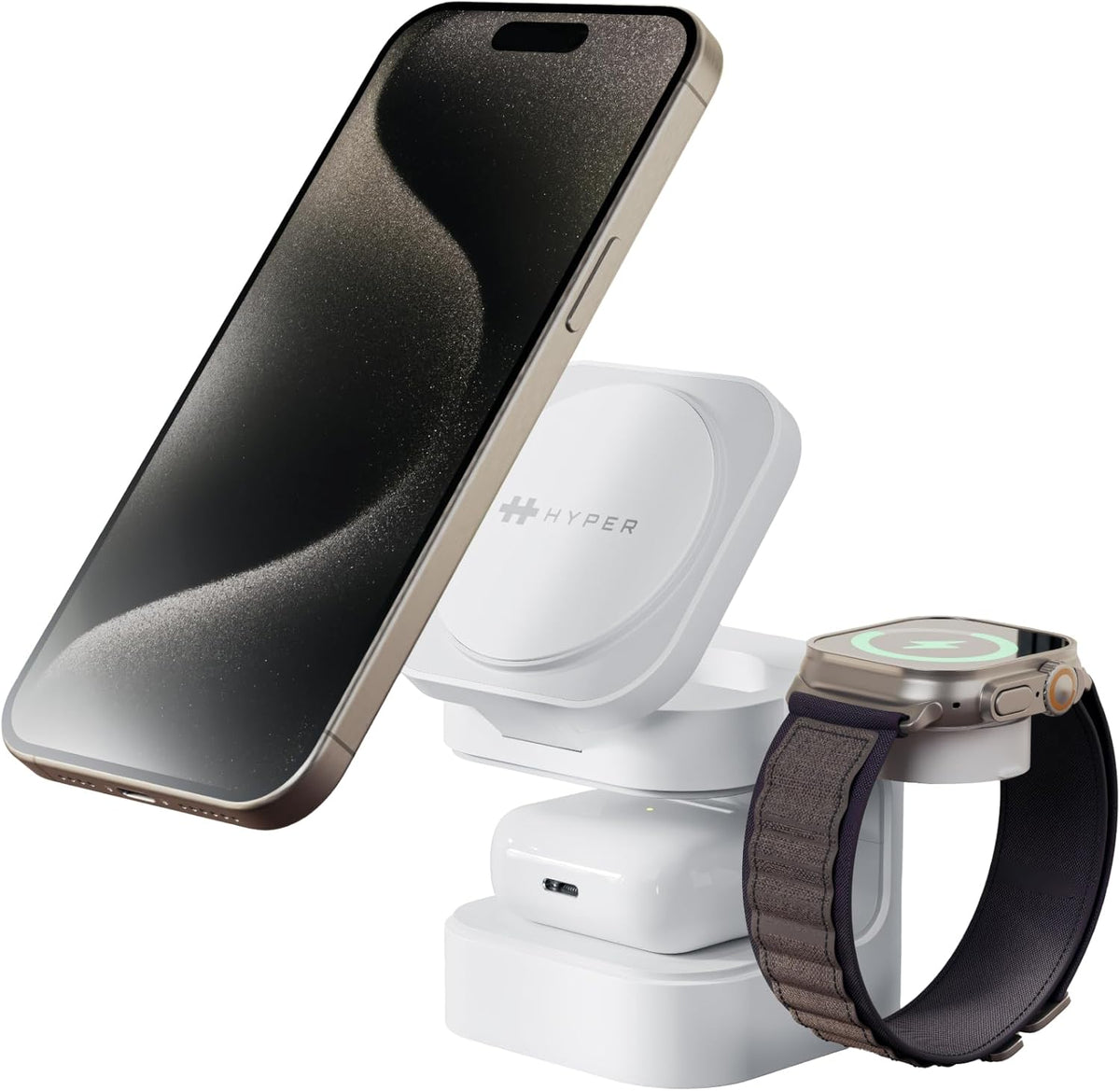 HyperJuice 3-in-1 Wireless Charger Qi2 Magnetic Stand — Fast Charger for iPhone, Apple Watch, Airpods, & Qi Compatible Devices — Compact and Adjustable 3 in 1 Design