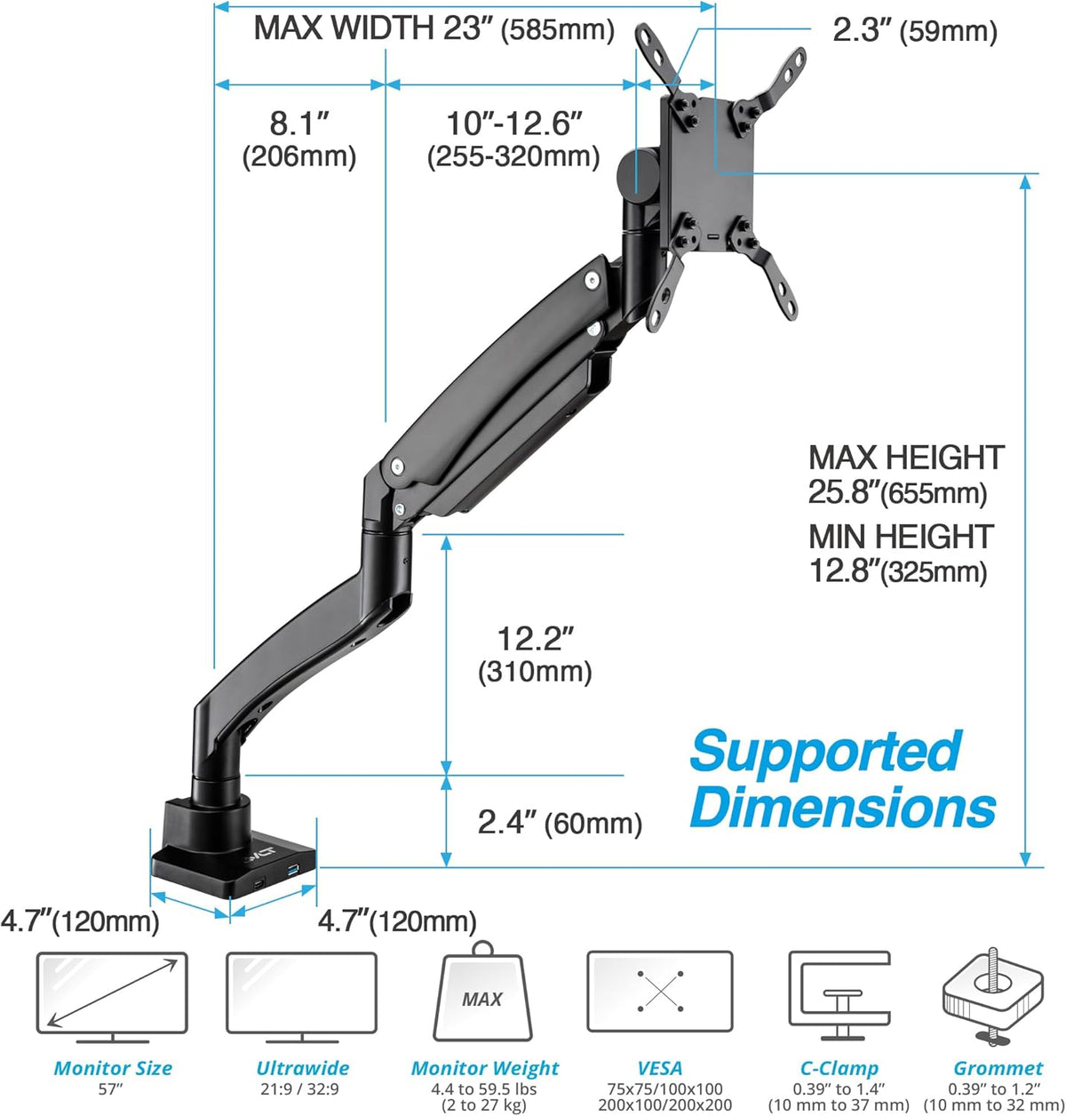 AVLT Single 17"-57" Super Ultrawide Monitor Arm for Screens Up to 59.5 lbs, Premium Aluminum Desk Stand, Adjustable Pneumatic Height, Full Motion Swivel Tilt Rotation, USB-C & USB-A Ports, Black