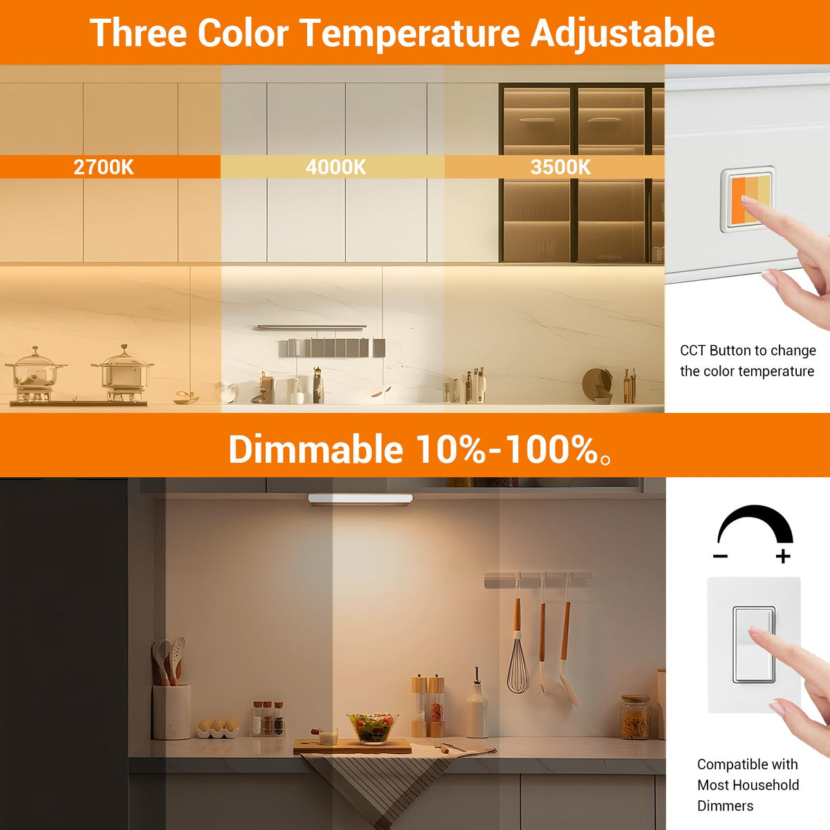 Dawnrise 24" Hardwired Under Cabinet Light,Linkable,1270 Lumens,3 Color Selectable,Brightness Adjustable,Under Counter Lights for Kitchen,Wide