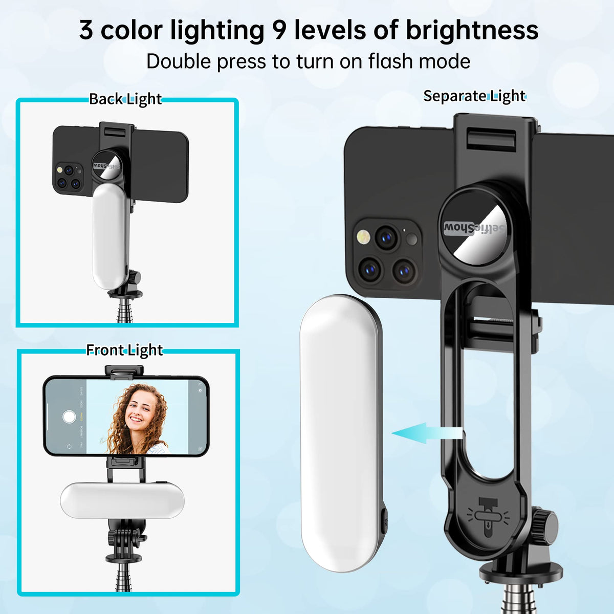 Stable Selfie Stick Tripod with Fill Light, 44 Inch Extendable Selfie Stick with Wireless Remote and Tripod Stand 360 Rotation for iPhone