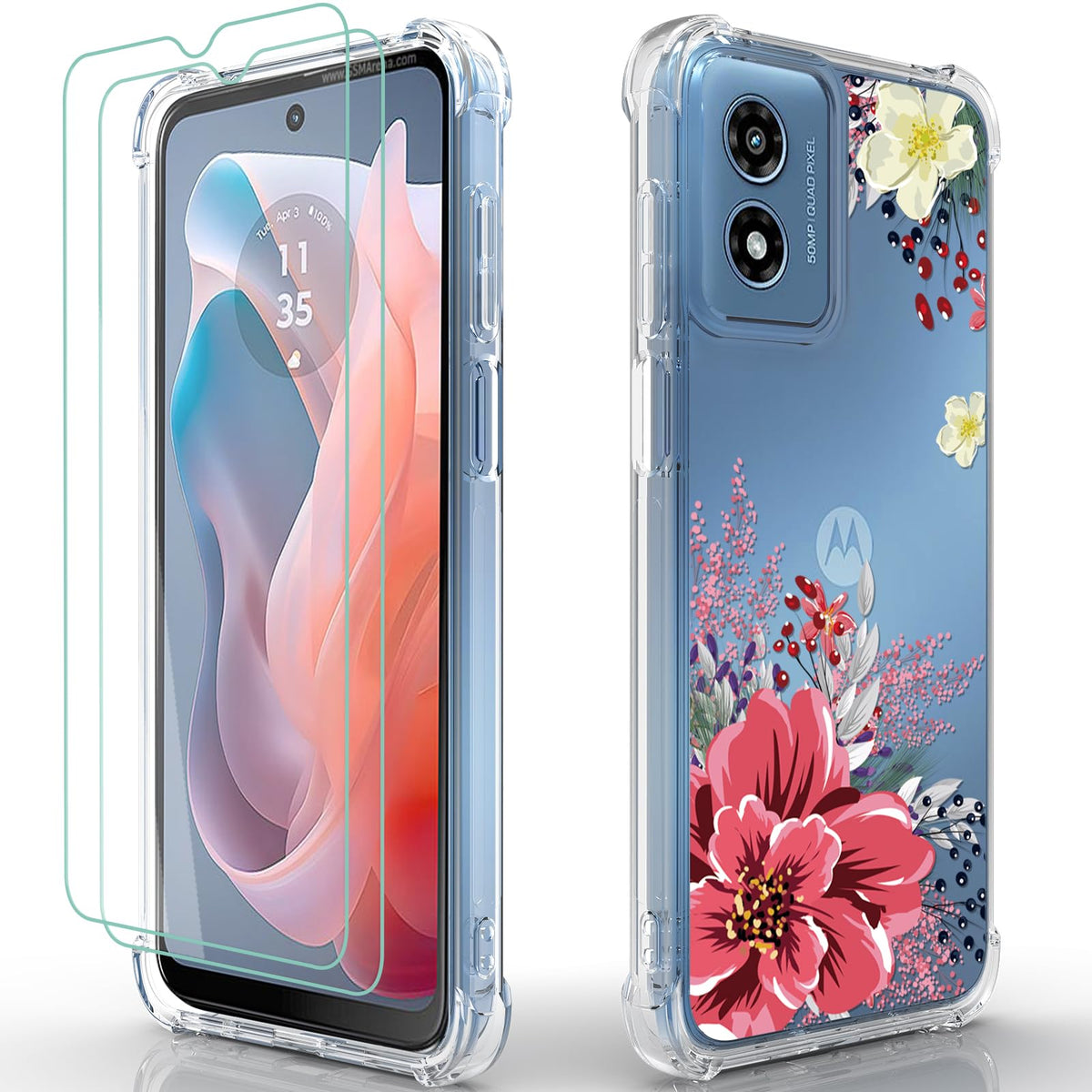 Osophter For Moto G Play 2024 Case: Women Girls Flower Floral With Screen Protector Flexible Tpu Rubber Phone Cover Case For Mot