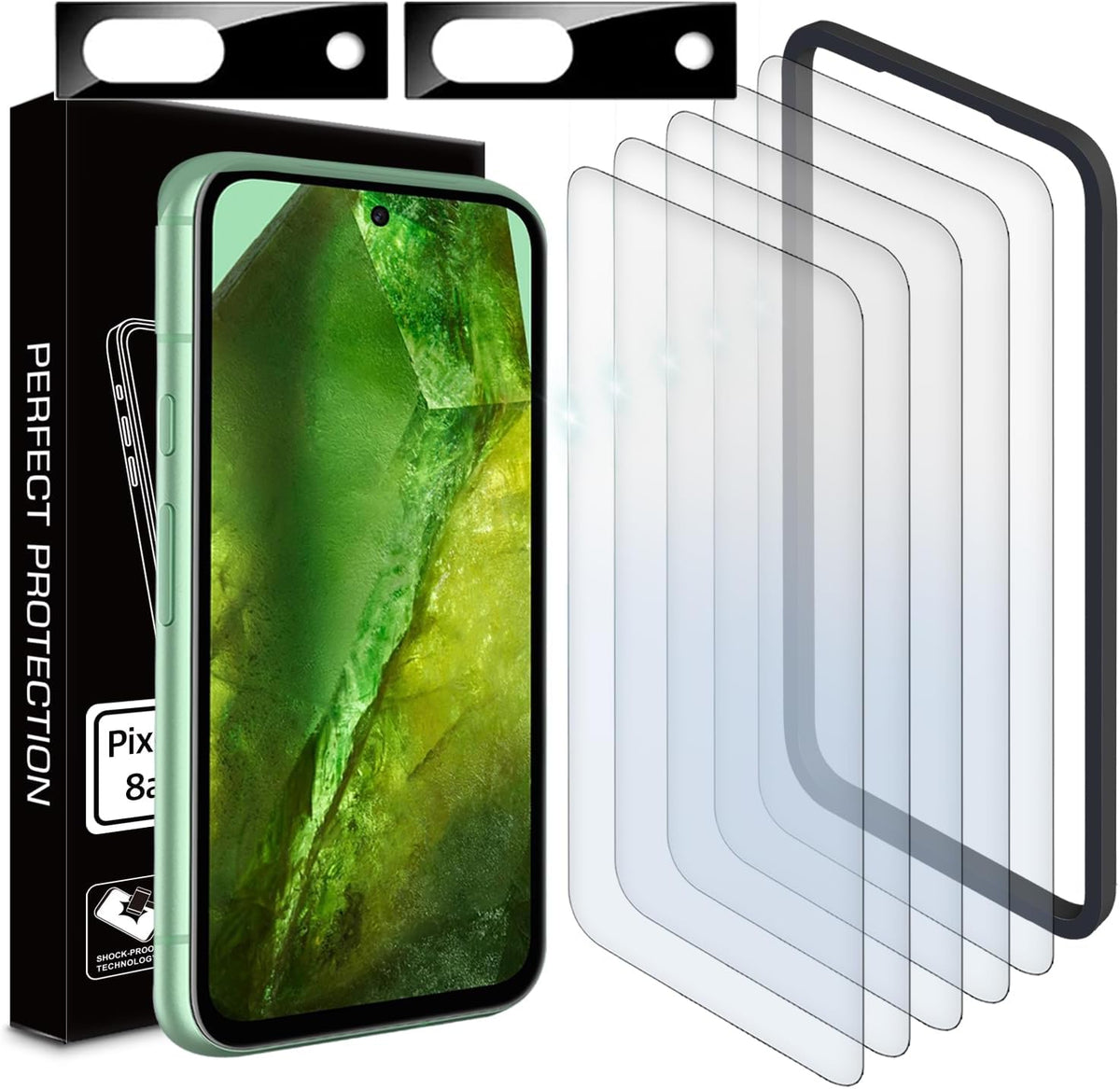 Google Pixel 8a 5G 2024 [5 Clear Tempered Glass Screen Protectors + 2 Lens Protectors] [100% Fingerprint Recognition]