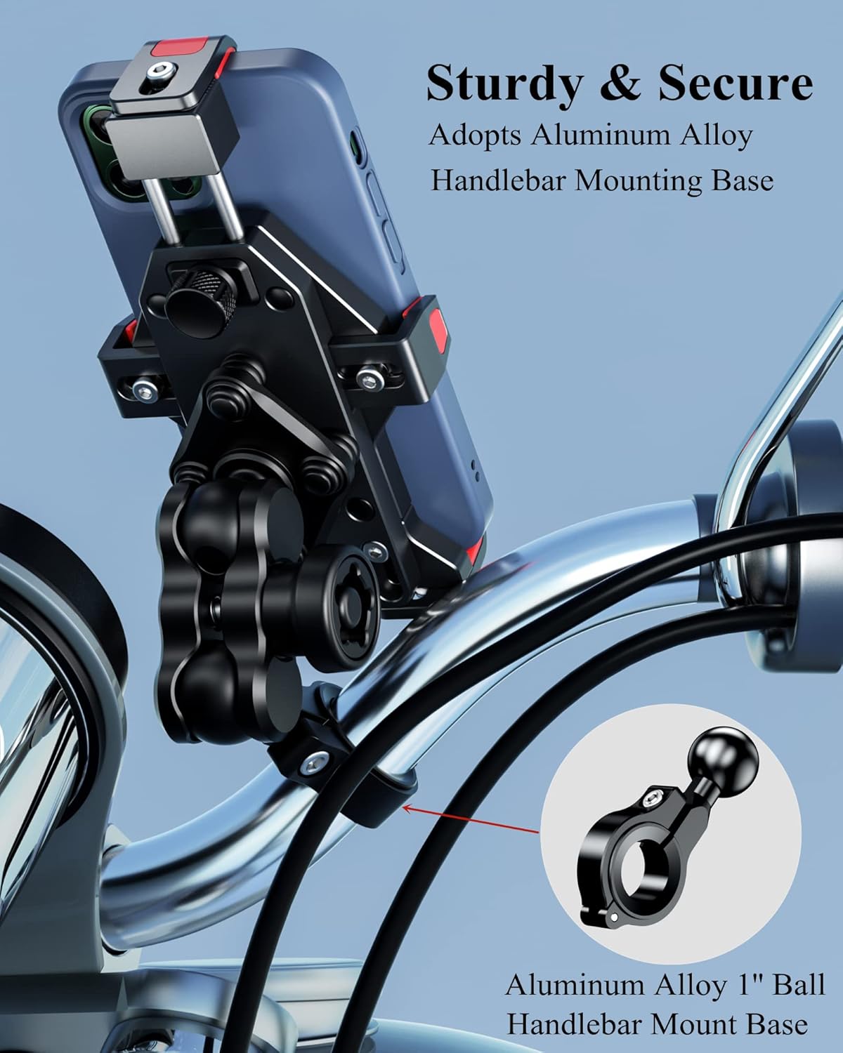 BRCOVAN Aluminum Alloy Motorcycle Phone Mount with Vibration Dampener & High-Speed Secure Lock, Anti-Theft Handlebar Cellphone Holder for Motorcycle Bike Bicycle Scooter ATV, for 4.7-7.2'' Smartphone