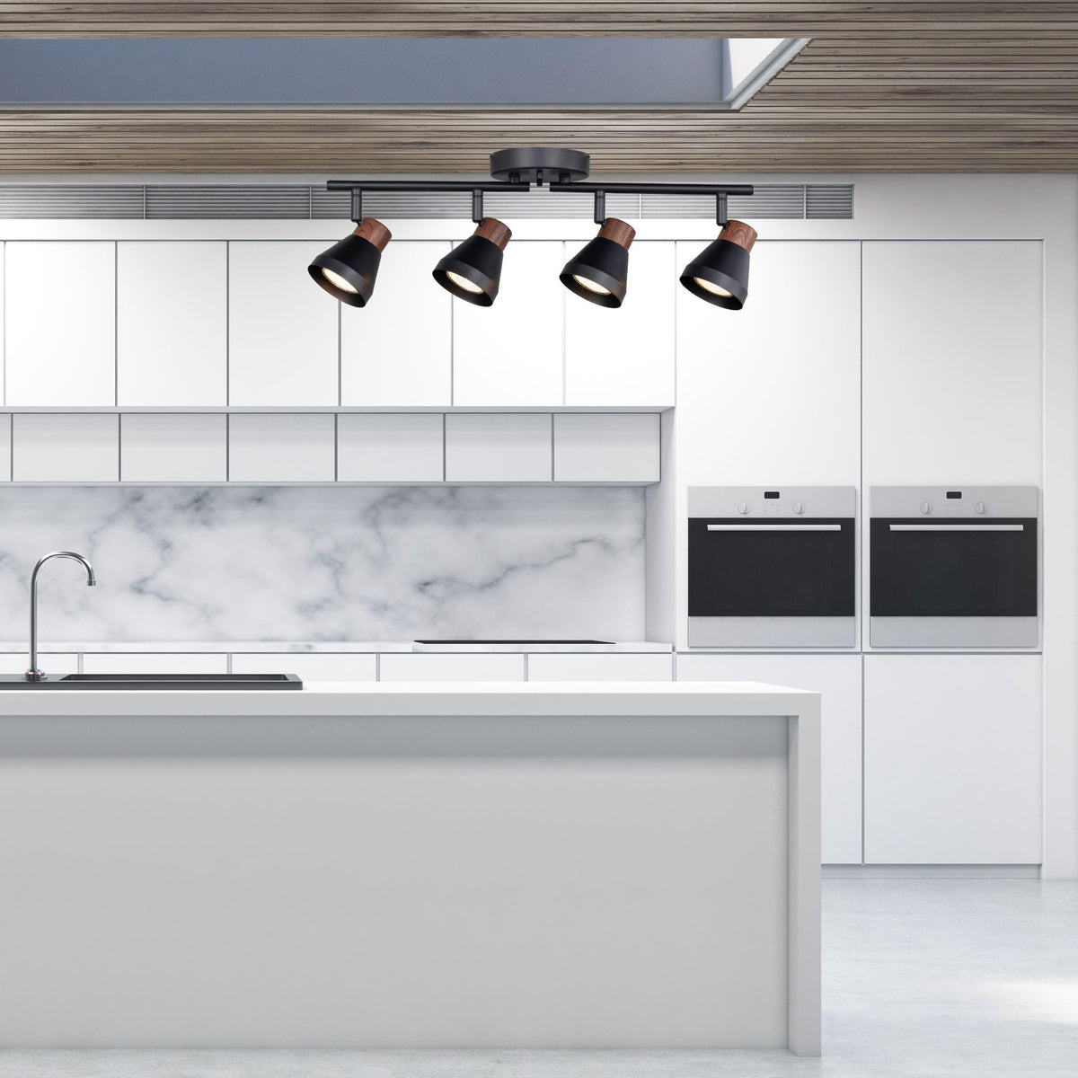 CRAFTRONOS 4 Light Modern Track Lighting Kit Black and Faux Wood Finish, Flexibly Adjustable Arm with Multi-Directional Ceiling Spotlight for Kitchen