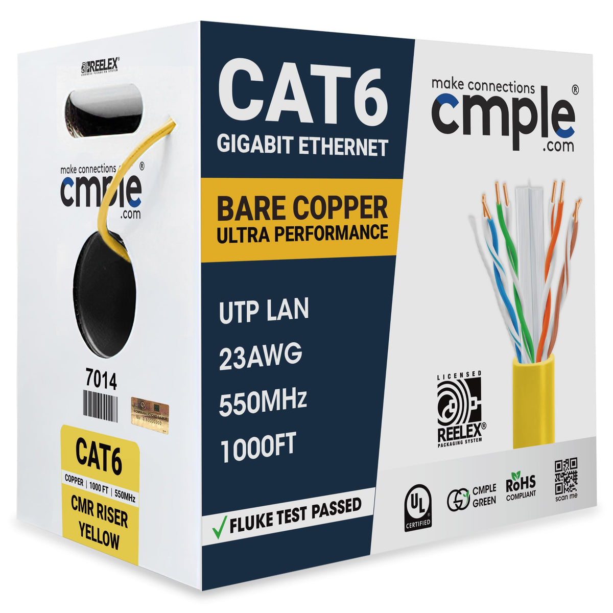 Cat 6 Riser Ethernet Cable Yellow | UL, CMR, 23AWG | Bare Copper 1000ft