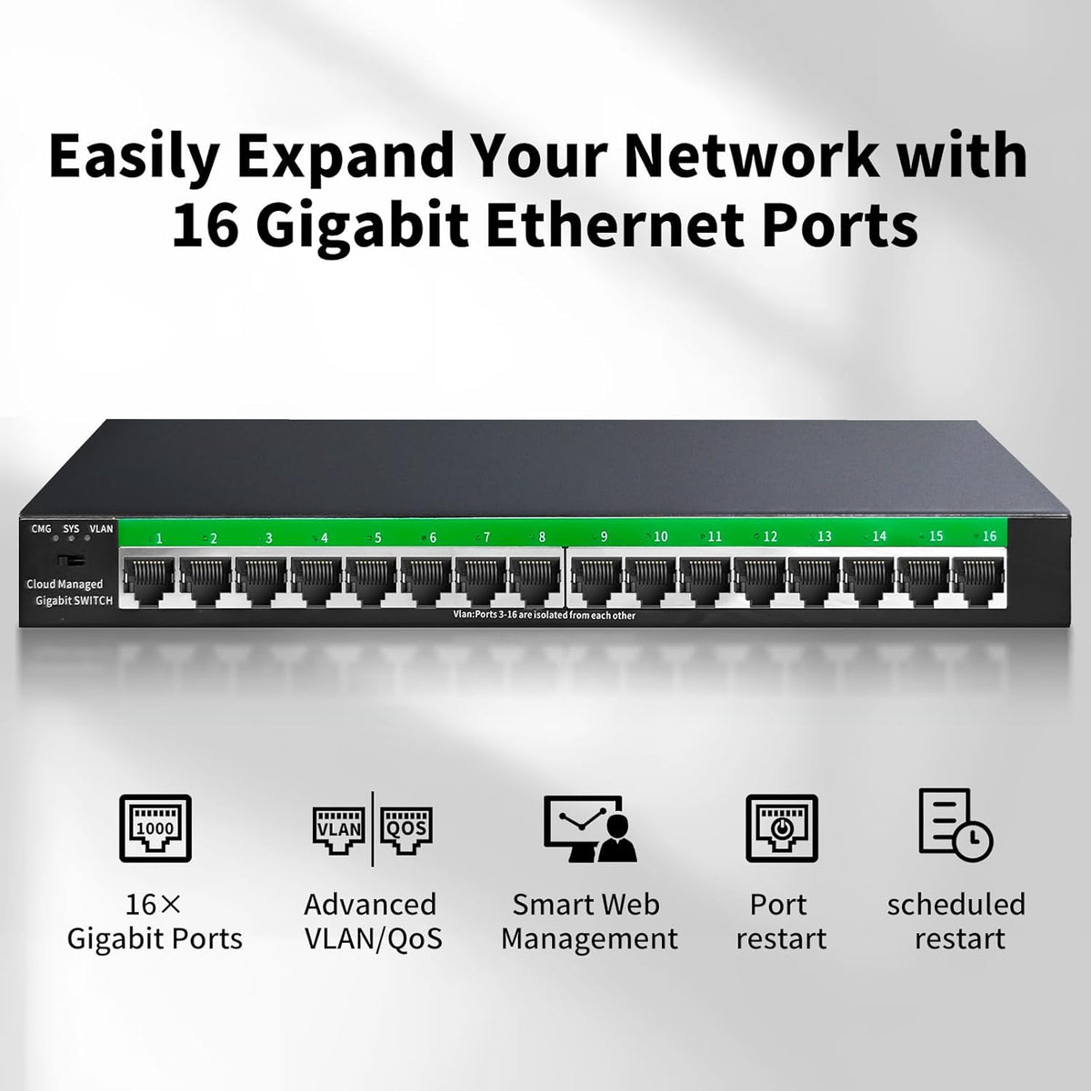 STEAMEMO 16-Port Gigabit Ethernet Switch | Smart Managed with VLAN & QoS | Plug & Play Desktop/Wall Mount Network Switch | Metal Enterprise Switch(Includes Power Adapter)