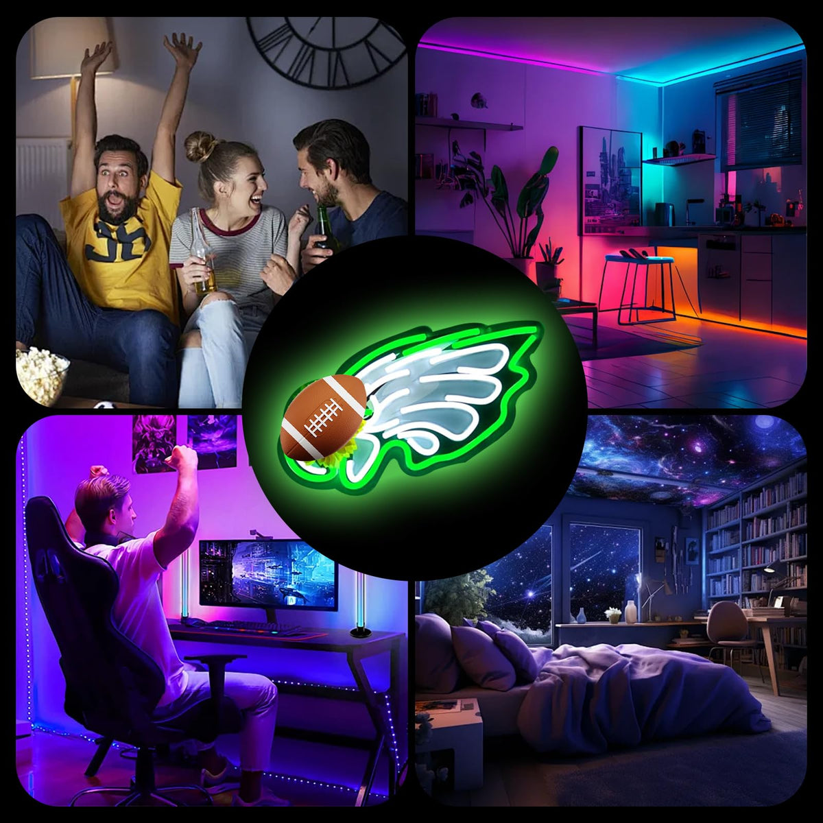 Football Team Neon Sign for Wall Decor,Eagle Neon Signs,LED Neon Light for Man Cave Birthday Gifts for Rugby Fans Green Light Up Sign for Bedroom