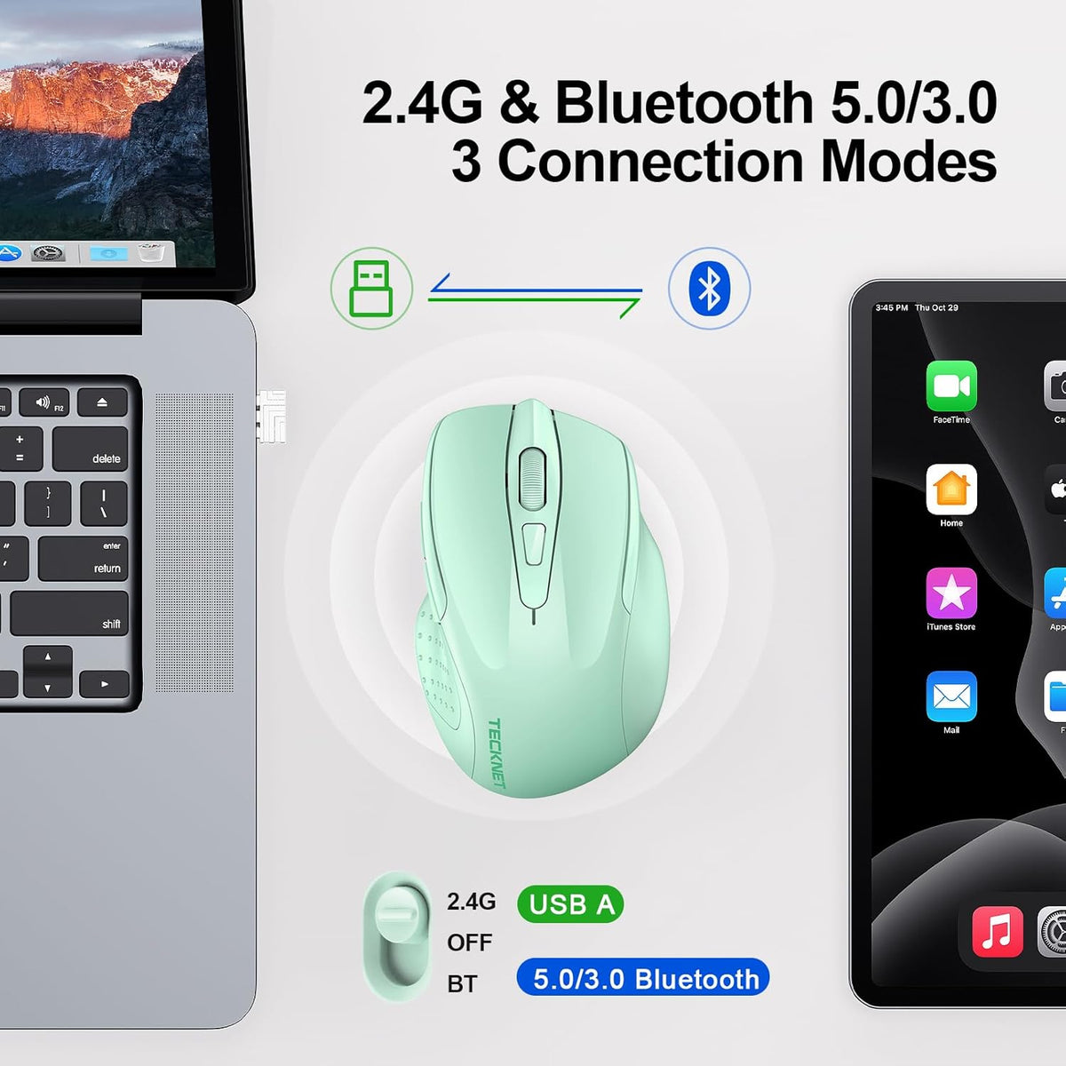 TECKNET Wireless Mouse (BT5.0/3.0 & 2.4G) Rechargeable 4800 DPI Silent USB A & Bluetooth Mouse 6 Buttons, Wide Compatibility - Green