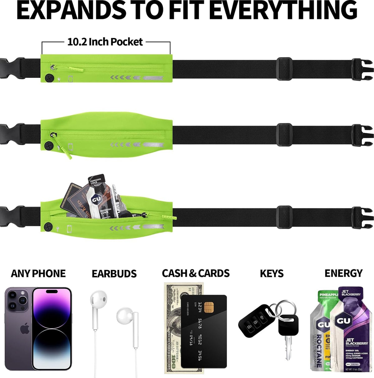 USHAKE Slim Running Belt for Women Men-Runners Phone Holder Fanny Pack, Adjustable, Bounce Free Waist Pouch bag for Workout, Money Belt, Run Gear Accessories Neo Green