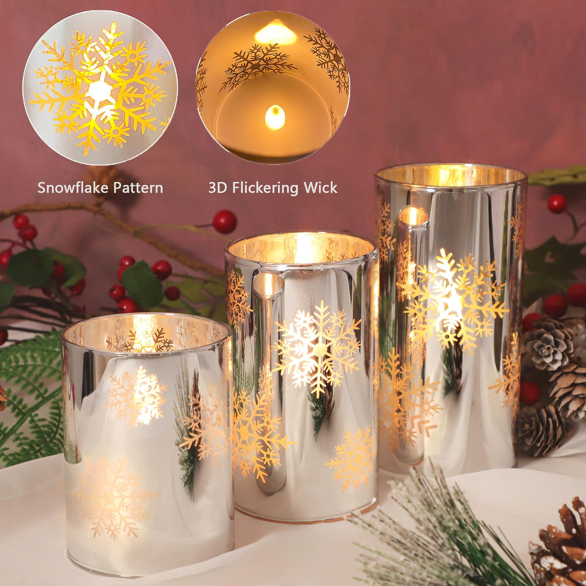 FLAVCHARM Snowflake LED Flameless Candles with Remote and Timer, Electroplate Glass Candles Operated by Battery, Christmas LED Flickering Candles