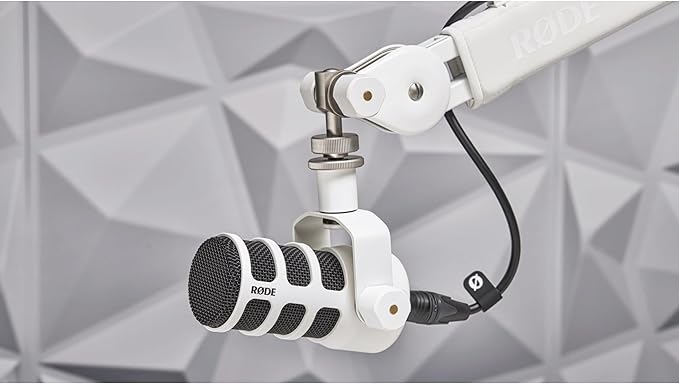 Rode PodMic White (Pair) Cardioid Dynamic Broadcast Microphones with 2X Low Profile Mic Boom Arms and 2X XLR Cables