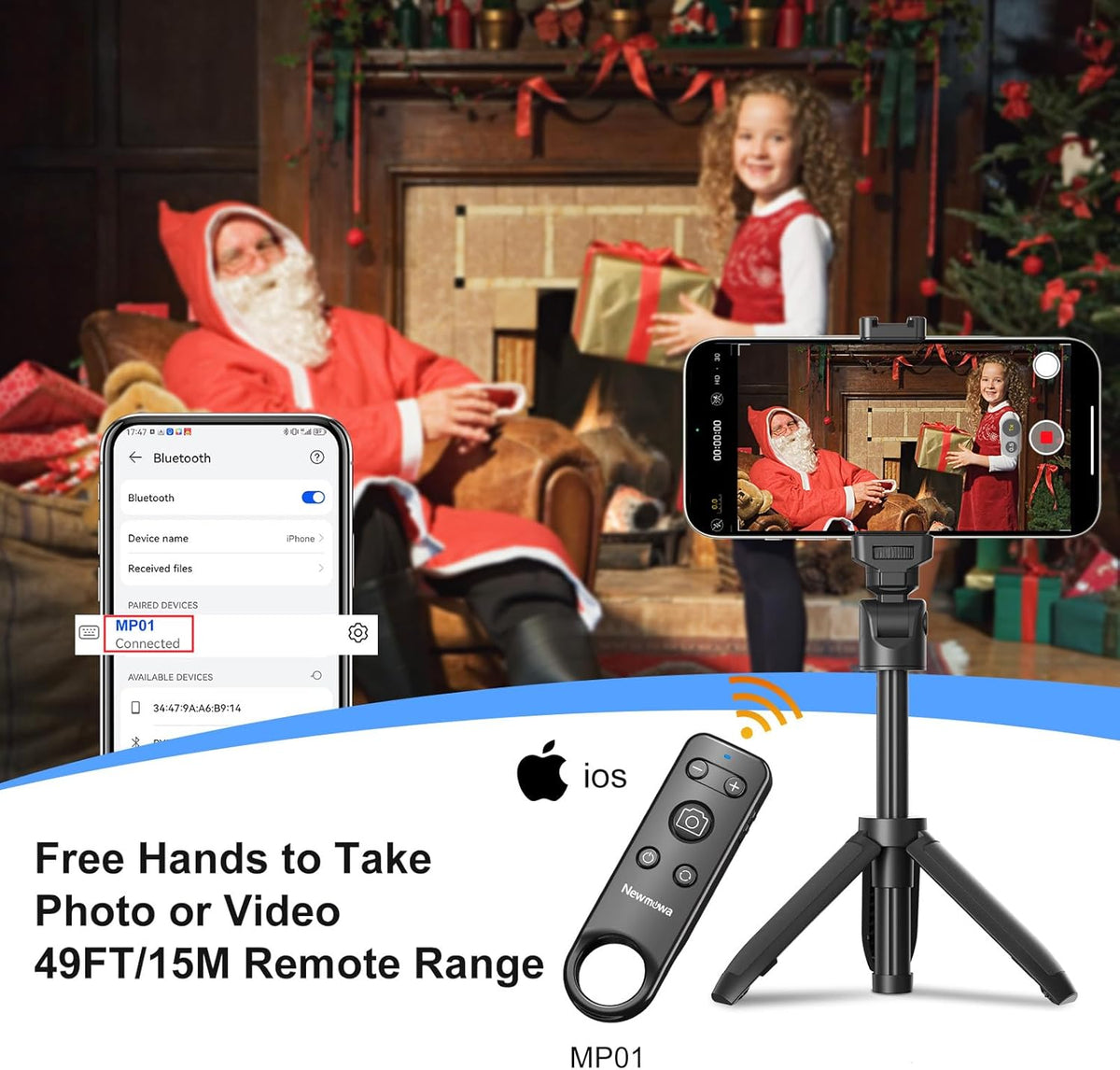Newmowa Phone Wireless Bluetooth Remote Control, Support Video Photo Shooting/Zooming/Lens Switching, Rechargeable Remote Shutter for Selfie Vlog, ONLY Compatible with iPhone(iOS 15 Above)