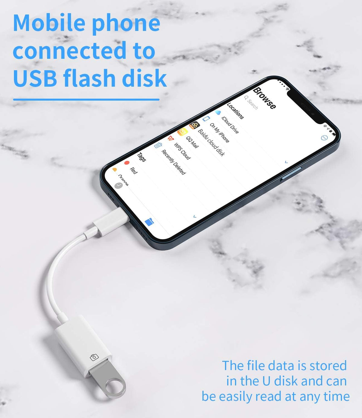 Lightning Male to USB 3.0 Female OTG Adapter for iPhone 11, 12 Pro Max, iPad Air, supports camera, card reader, and