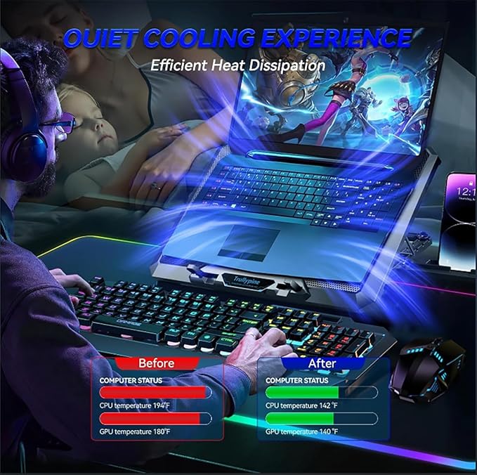 Laptop Cooling pad for Hp Pavilion 14m-dy0023dx 14m-dy0033dx Gaming laptops Laptop Cooler with 8 Fan Adjustable Speed 5-Level Height Adjustment Mute Silent2 USB-A PortBuilt-in Phone Stand