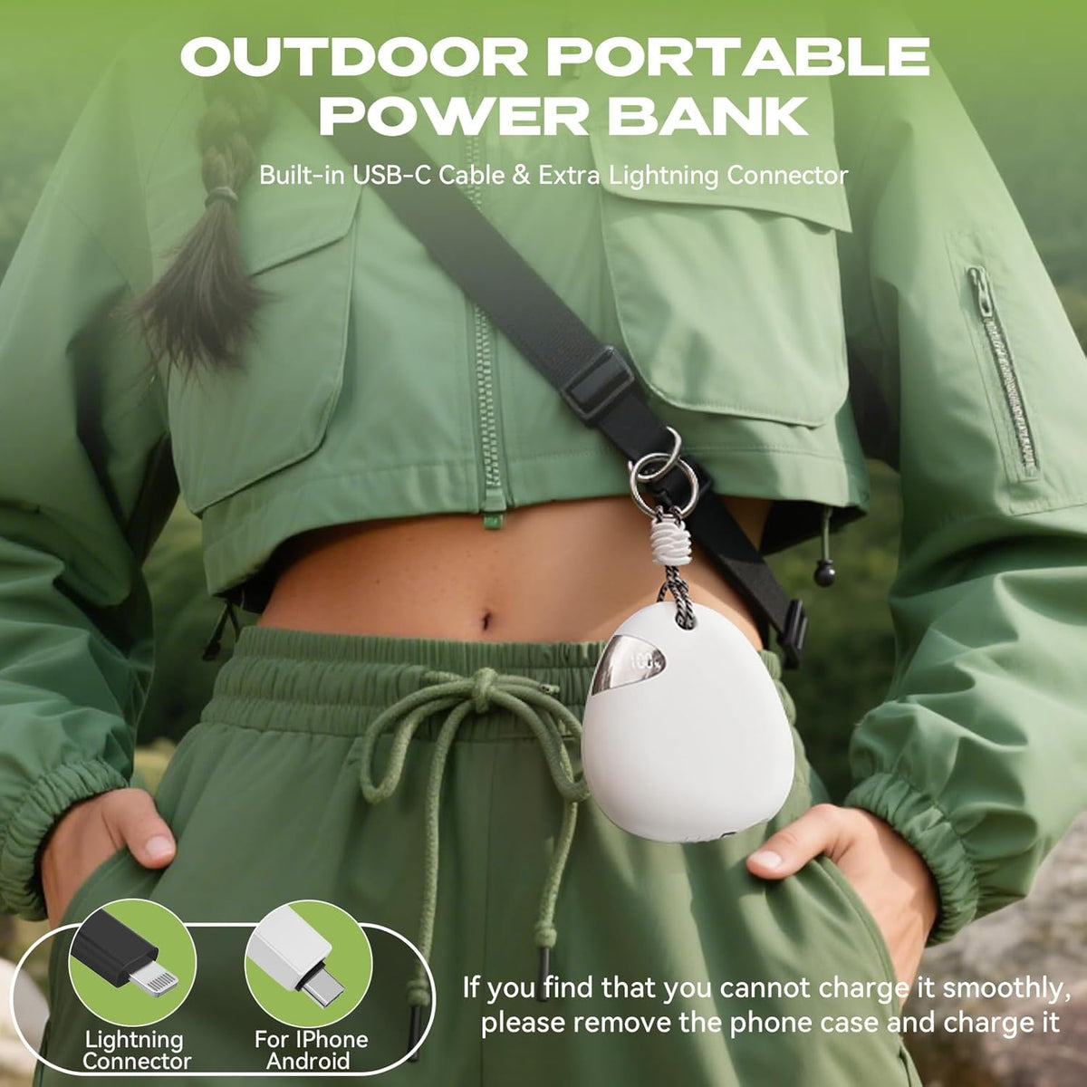 Vivilumens Portable Charger Power Bank 10000 mAh 65CM Fast-Charging Retractable Cable Outdoor Wearable Battery Pack USB-C Lightning for iPhone Smart LED Display for Hiking Camping Backpacking