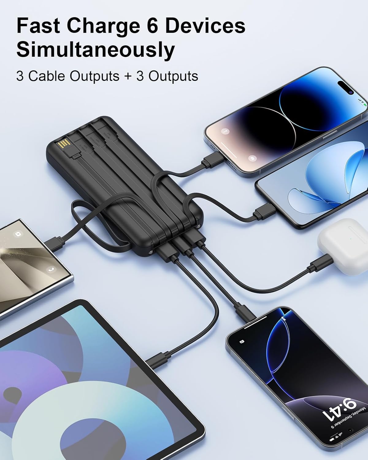 Portable Charger with Built in Cables, Slim 10000mAh Fast Charging 22.5W Power Bank USB C LED Display Battery Pack 6 Outputs & 2 Inputs for iPhone Samsung Pixel LG Moto iPad