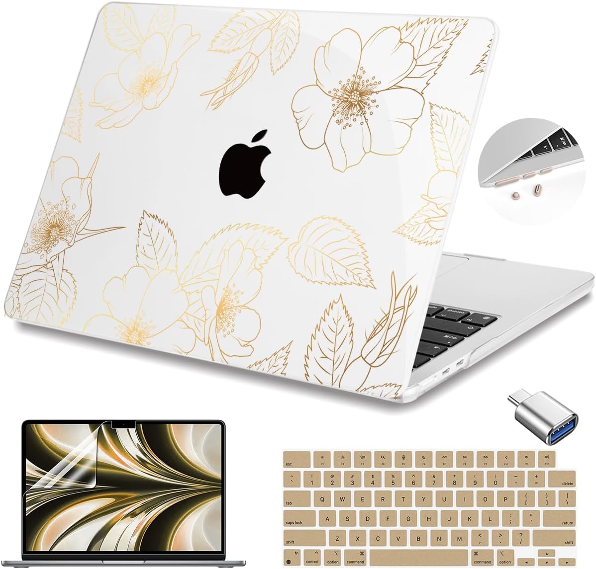 Teryeefi for MacBook Air 13.6 inch Case M4 M3 M2 2022 2023 2024 2025 Model A2681 A3113 A3240 Plastic Hard Shell Cover with Screen Protector & Keyboard Cover & USB 3.0 Adapter, Gold Flower Leaf