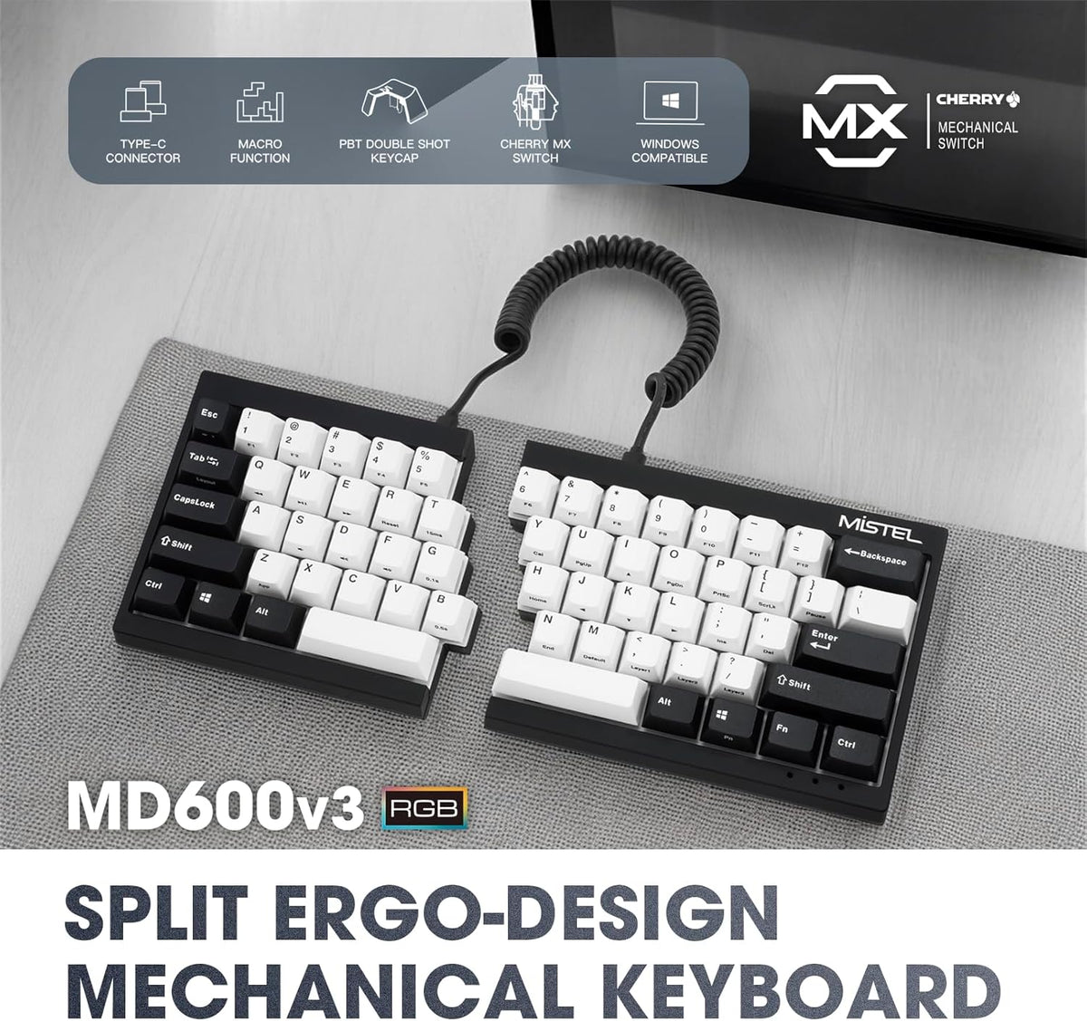 MD600 V3 RGB ORCA TKL Ergonomic Mechanical Keyboard, Cherry MX, Split Layout, PBT DoubleShot Keycap, Windows OS Compatible (Silent Red)