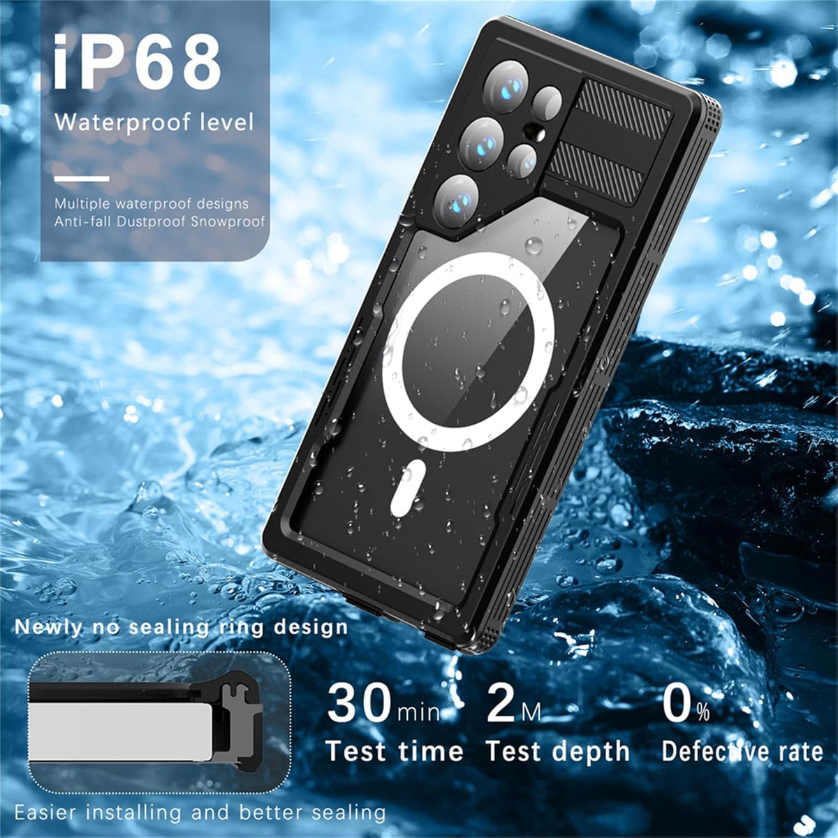 Designed for Galaxy S24 Ultra Case Black, Compatible with Magsafe, Built-in Screen Protector, IP68 Underwater
