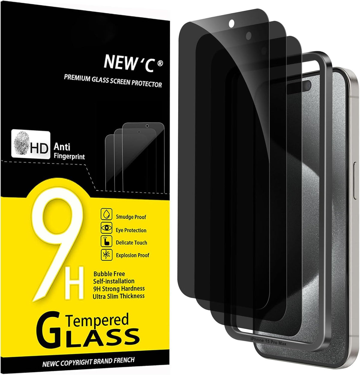 NEW'C 3 Pack Privacy for iPhone 15 Pro Max Screen Protector (6.7 inches), Anti-Spy Tempered Glass Film,Case Friendly Ultra Resistant, Balanced 28-Degree Privacy Angle-Easy installation tool included