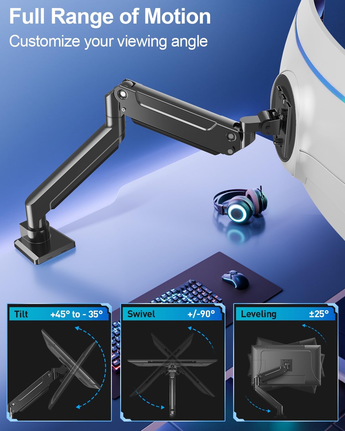 MOUNT PRO Heavy Duty Monitor Arm for Max 49 Inch Ultrawide Screens up to 44 lbs, Aluminum Premium Single Monitor Mount for Samsung Odyssey G9 and More, Adjustable Display Desk Stand, VESA 100x100mm