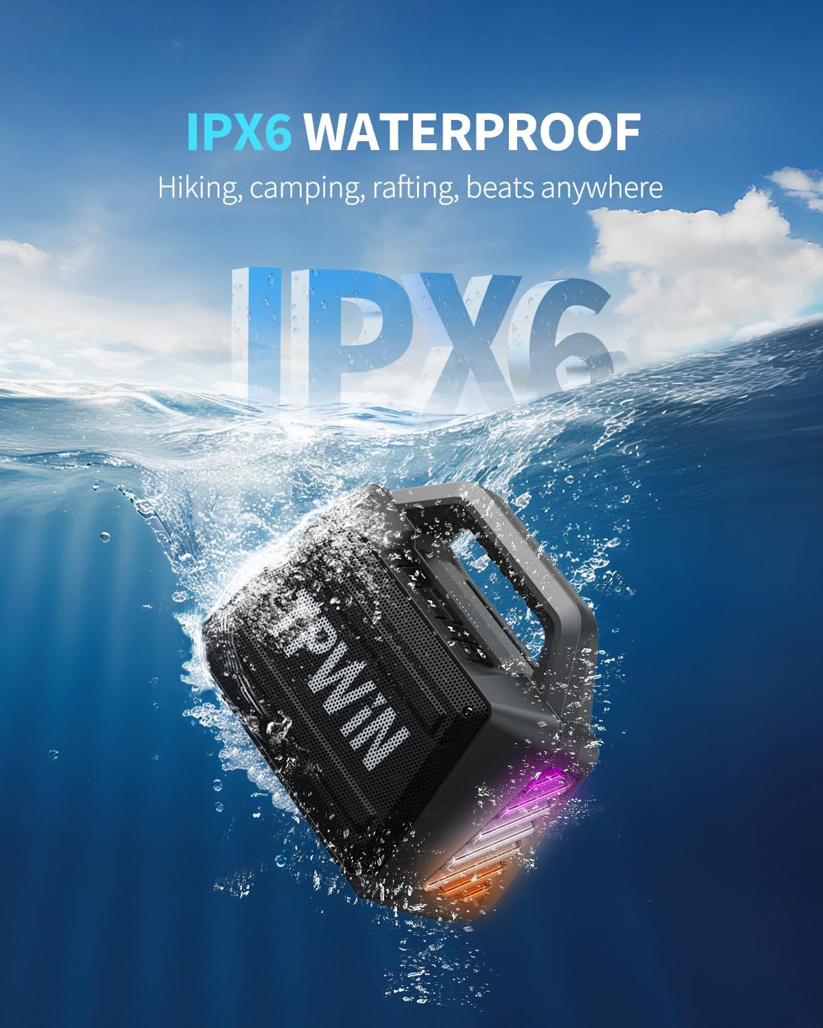Portable Bluetooth Speaker - 80W Peak Loud Speakers, 20H Playtime for Outdoor Adventure, Lightshow, TWS, Deep Bass, BT 5.3 Wireless, IPX6 Waterproof for Travel Hiking Camping Beach Pool - Black