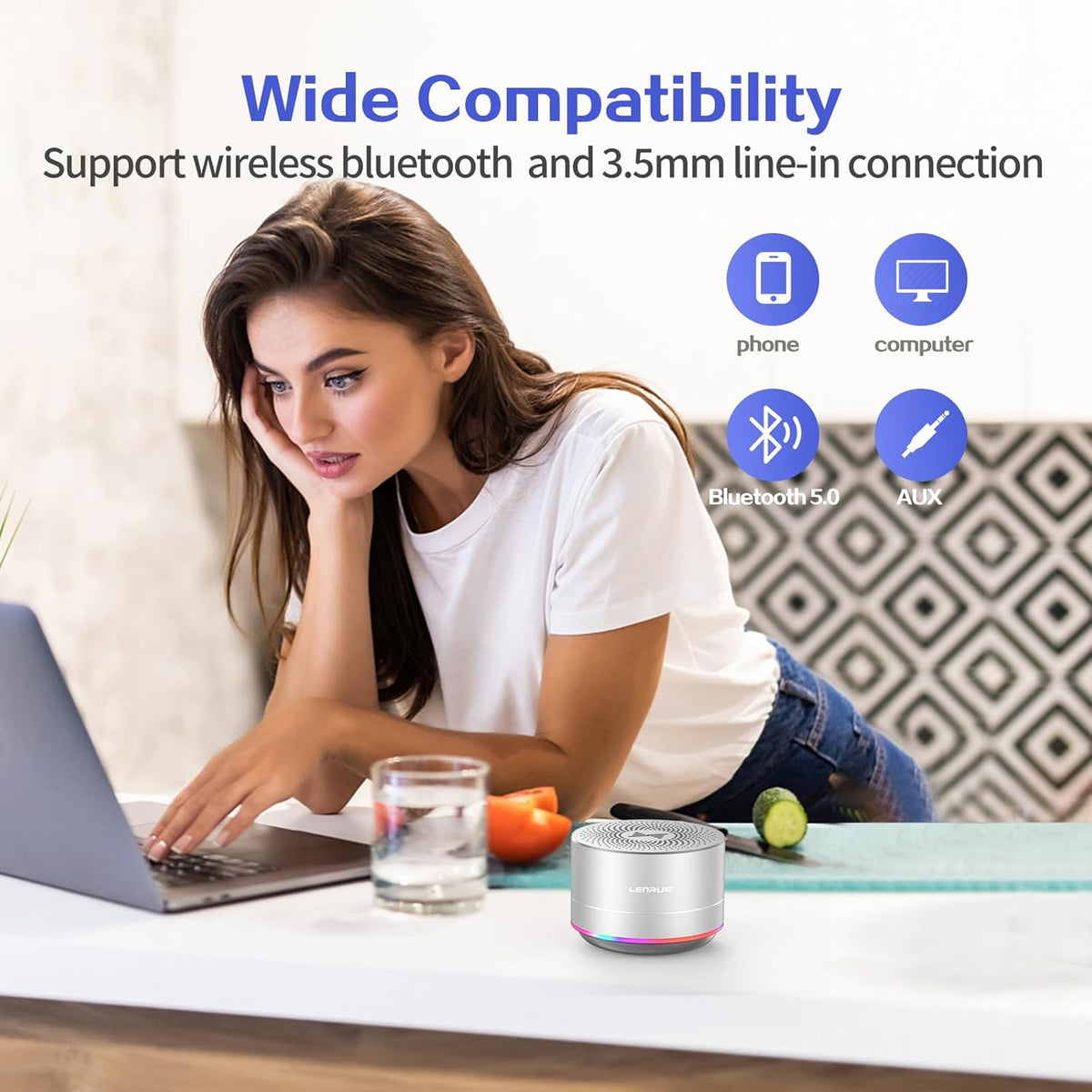 LENRUE Portable Wireless Bluetooth Speaker, Built-in Mic, HD Sound and Bass for iPhone, iPad, Android, Silver