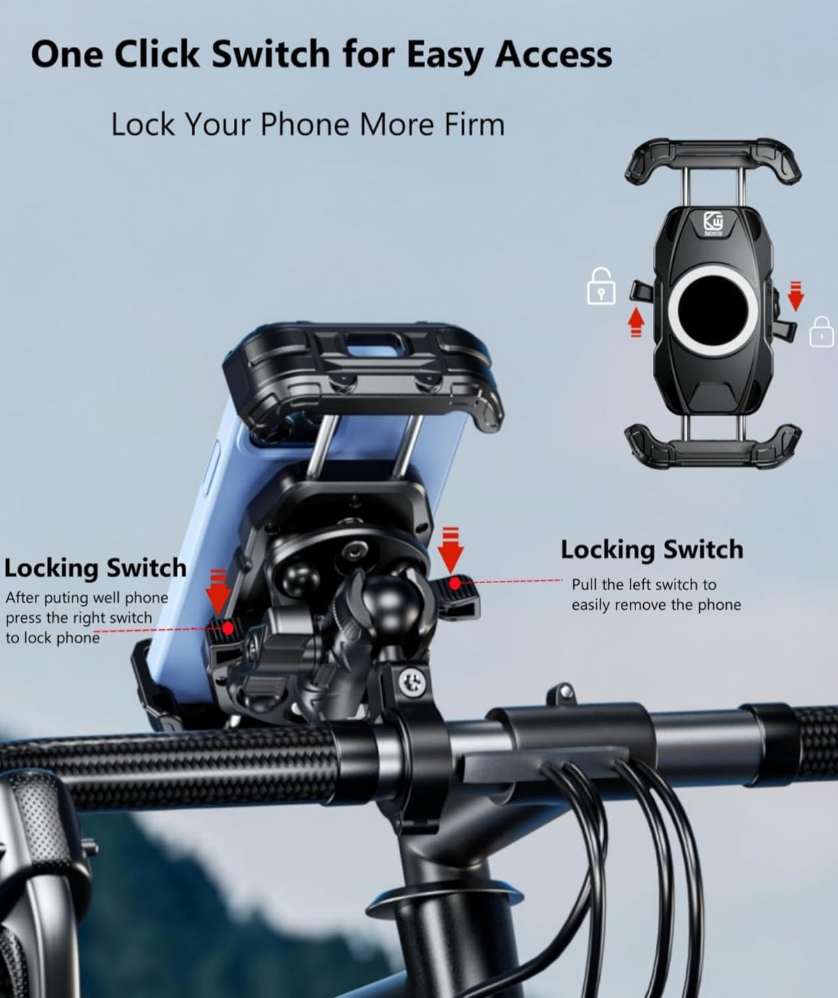 Kewig Motorcycle Phone Mount Holder with Vibration Dampener & Secure Lock, Anti-Shake Handlebar Cellphone Mount for Moto Bike Scooter ATV, Adjustable Phone Mount Fit 5.4-7.2'' Phone