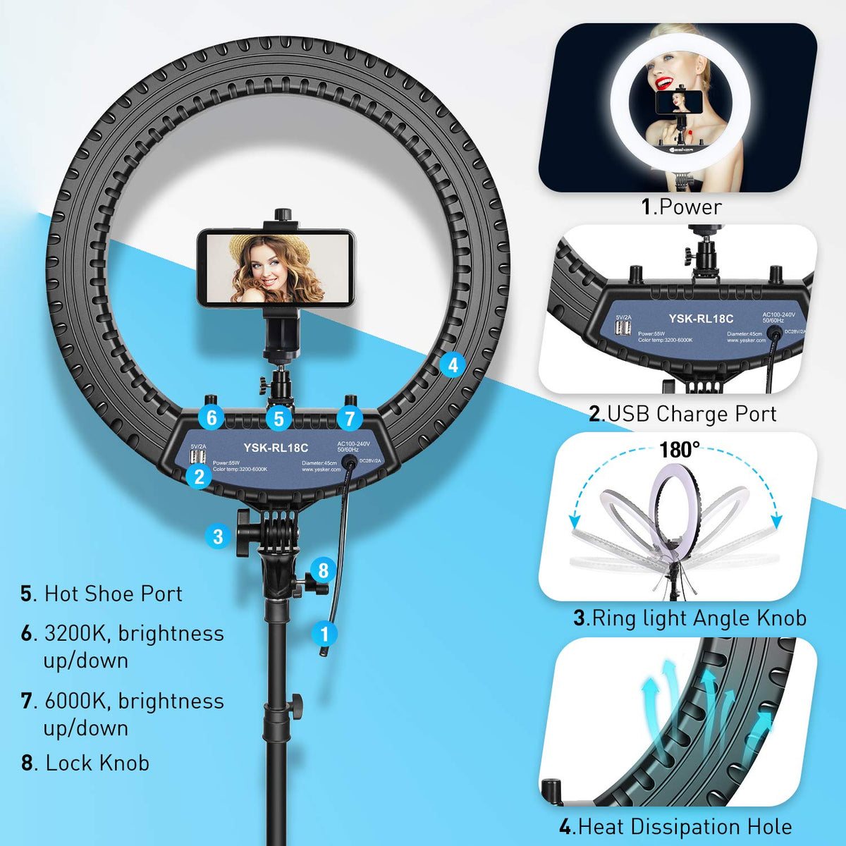 Yesker Ring Light 18 Inch with Stand Tripod Big Selfie Ringlight Adjustable 6000K Dimmable LED Portable Professional Ring Lights Kit Phone Holder