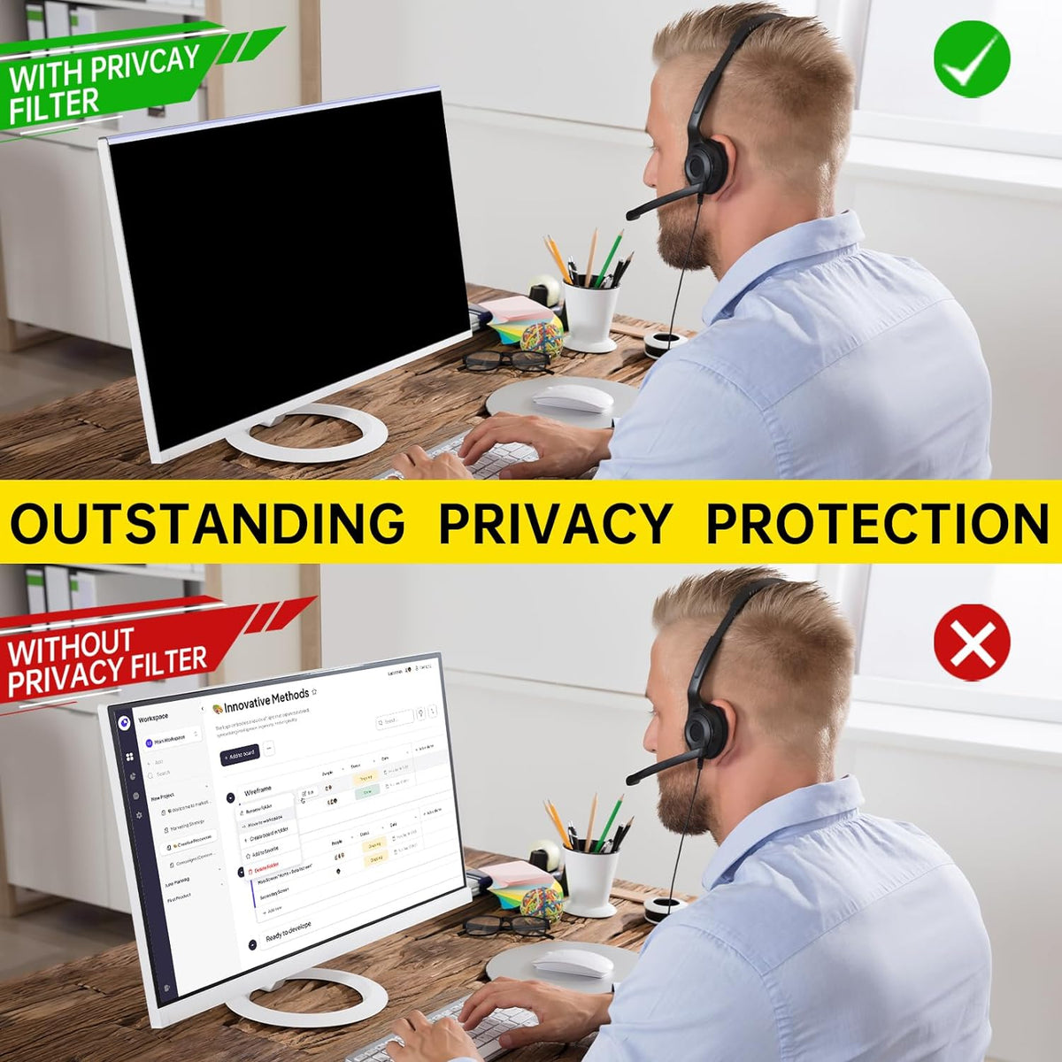 [2-Pack 24 Inch Computer Privacy Screen Filter for 16:9 Monitor, Anti-Blue Light, Anti-UV,Blue Light Blocking Removable Privacy Protector Shield Fits 23.6", 23.8", 24" Monitors