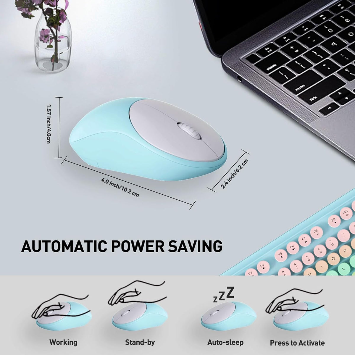 Wireless Keyboard and Mouse Set, 105 Round Keys Full-Size Cute Colorful Keyboard and Mouse with Retro Typewriter for PC/Mac/Laptop/Tablet/Computer/Windows Light Blue