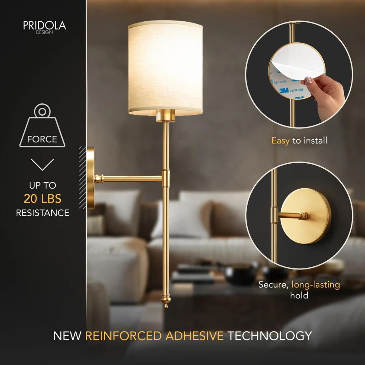 PRIDOLA Set of 2 Wireless Wall Sconces - Stick-On or Screw Mount for Easy Installation with Rechargeable LED Bulbs, Remote Controlled, Adjustable