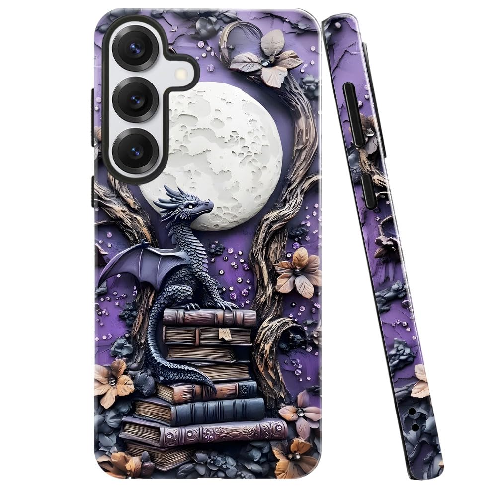 Case For Samsung Galaxy S25,Purple Dragon Book Moon Flower Phone Case Military-Grade Drop Protection Cover For Women Girl - Glos