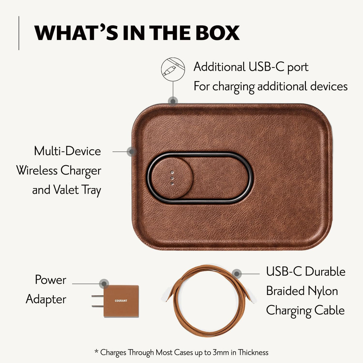 COURANT MAG:3 Classics Charger and Tray - Italian Leather, Multi-Device Charger Compatible with MagSafe iPhones 16, 15, 14, 13, 12 or Wireless AirPod Cases (Saddle)