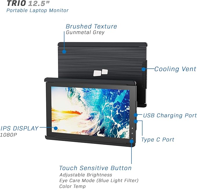 Trio Mobile Pixels Trio Portable Monitor for Laptops 12.5'' Full HD IPS Screens USB C/USB A Dual or Triple DisplaysWindows/OS/Android/Nintendo Switch (One Monitor Only) (Renewed)