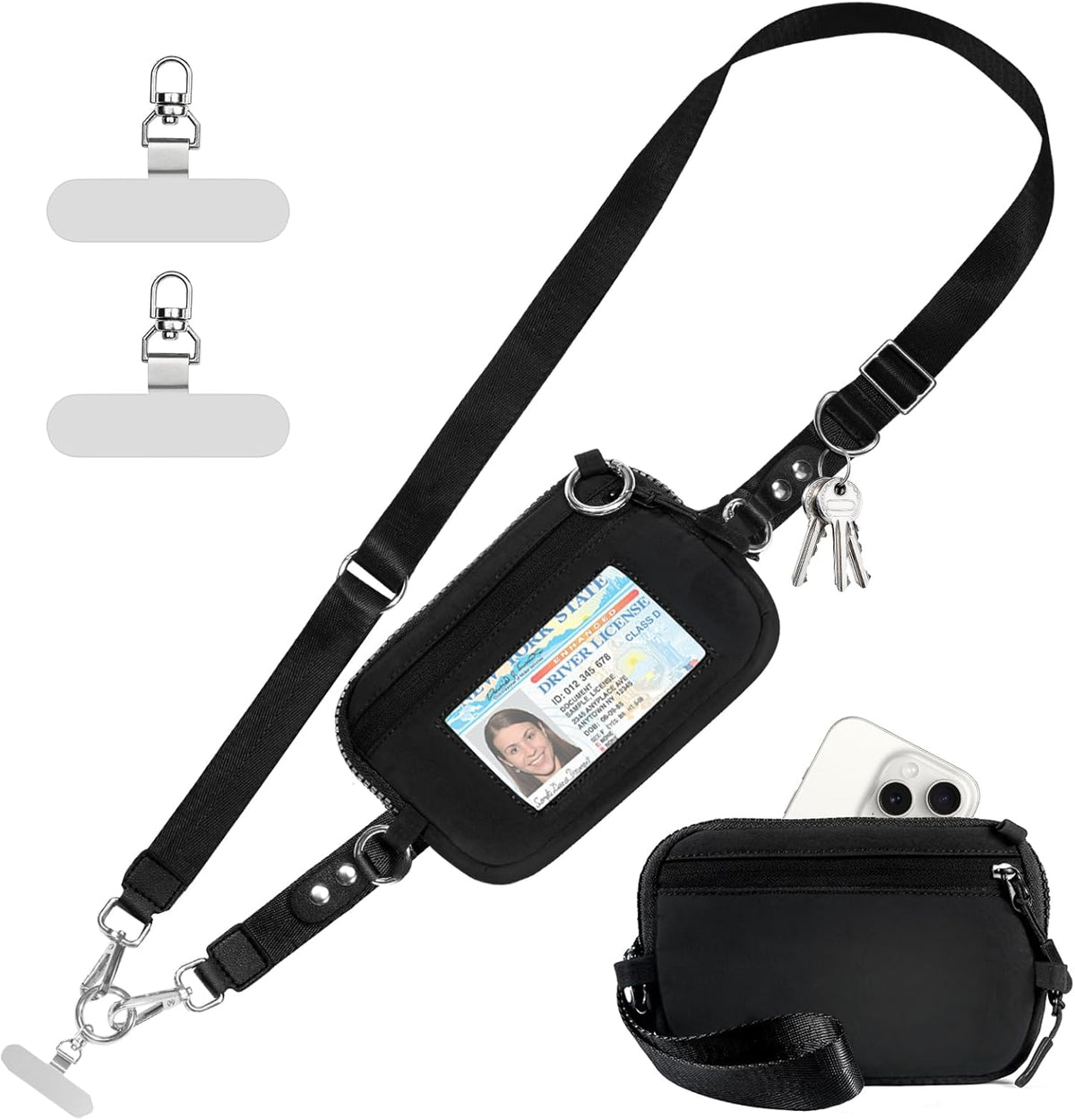 Clip and Go Strap for Phone with Wallet Crossbody Phone Lanyard Adjustable and Detachable RFID Wristlet Wallet with ID Window and Zipper, Black(L)