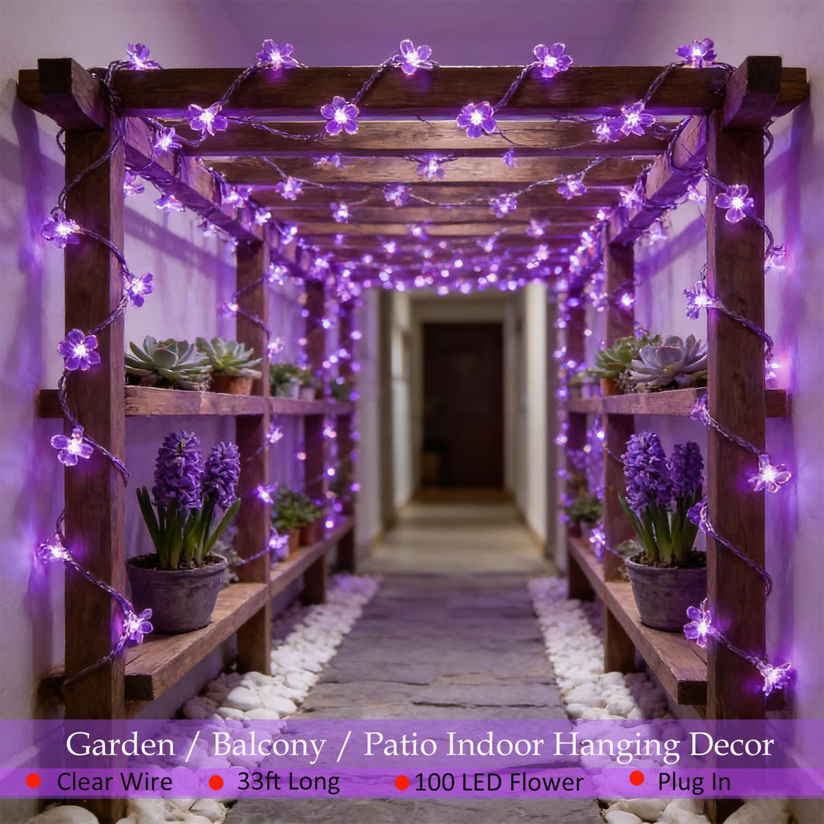 Decorative Connectable 33ft Purple Flower String Lights with 100 LEDs, Memory Function & 8 Modes. Perfect for Bedroom, Christmas, Weddings