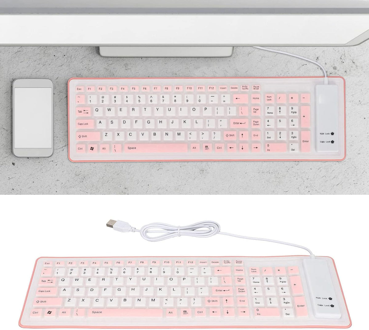 Foldable Silicone Keyboard, 103 Keys Wired Bluetooth Waterproof Rollup Keyboard, Mute Flexible Soft Rubber for PC