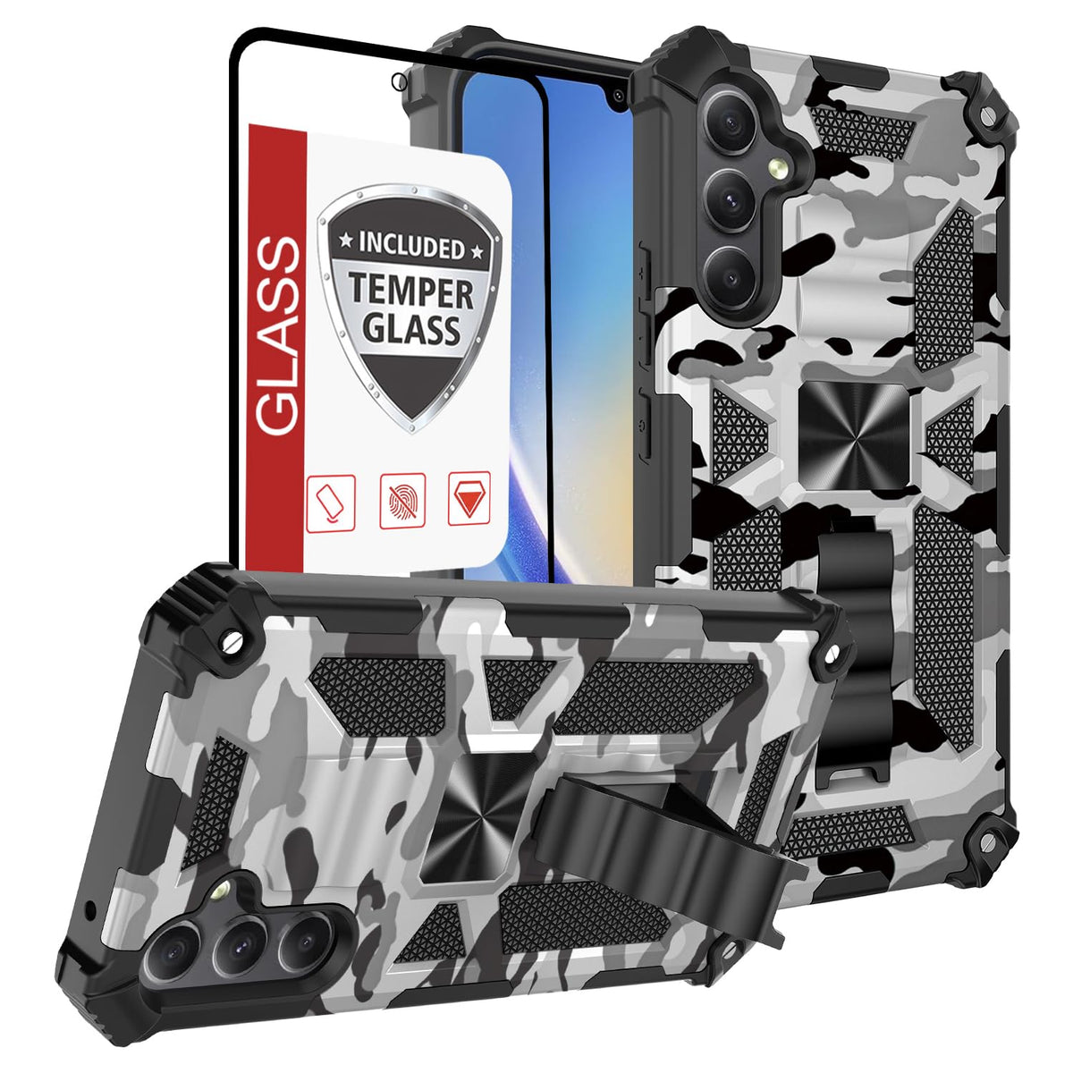 Phone Case For Galaxy-A35-5G Case W/Tempered Glass Screen Protector(Full Coverage) [Full-Body][15Ft Mil-Grade][Built-In Kickstan