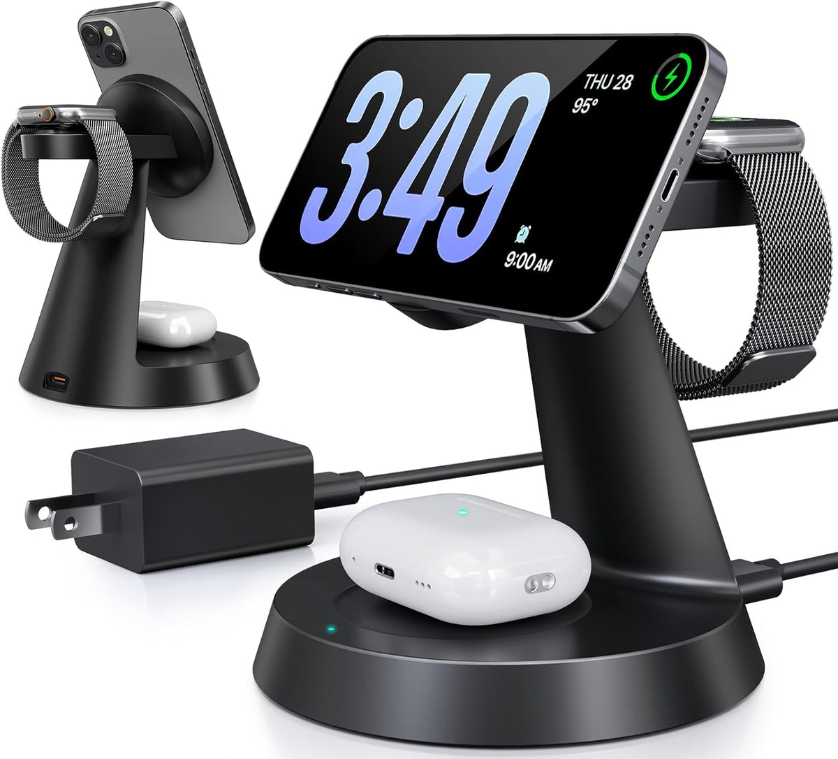 3 in 1 Wireless Charging Station for Apple Mag-Safe 15W Fast Charger Stand for Multiple Apple Devices Magnetic Charger for iPhone 16 Pro Max/16 Pro/16/15/14/13/12, AirPods, iWatch Series(Black)