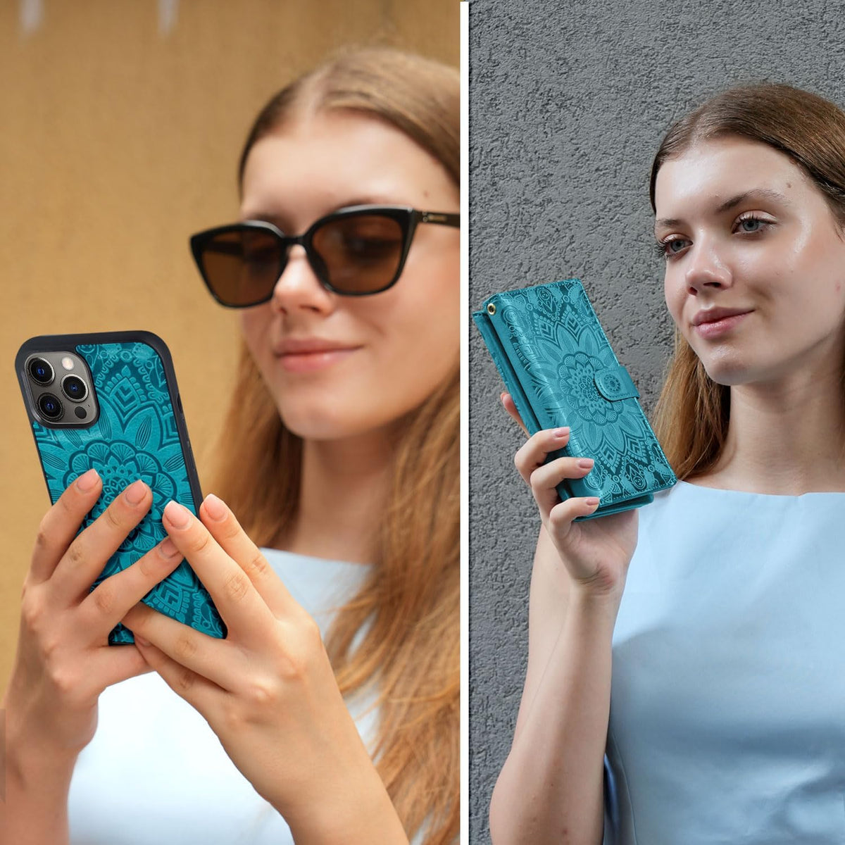 Harryshell Compatible with iPhone 12 Pro Max Case - Wallet Detachable Magnetic Zipper Leather Holder (Floral Blue Green)