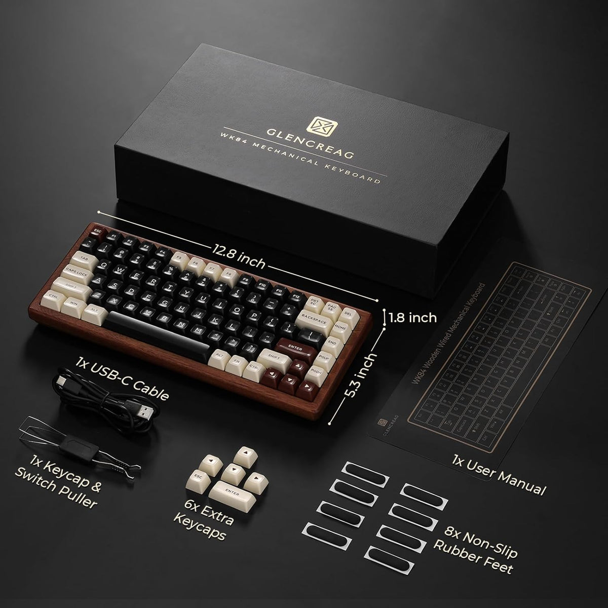WK84 USB-C Wired Wooden Mechanical Keyboard, 75% Layout 84 Keys, RGB Backlit, Hot-Swappable Green Switches, QMK/VIA Programmable, for Gaming & Typing