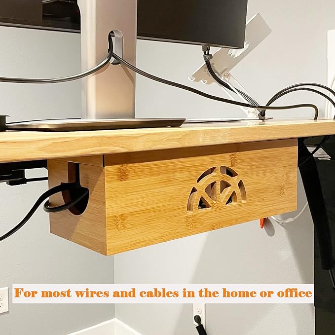 Cable Management Box,Cord Organizer Box,Bamboo Cable Organizer Box for fit Desk Computer USB Behind TV Home Hall Computer Power