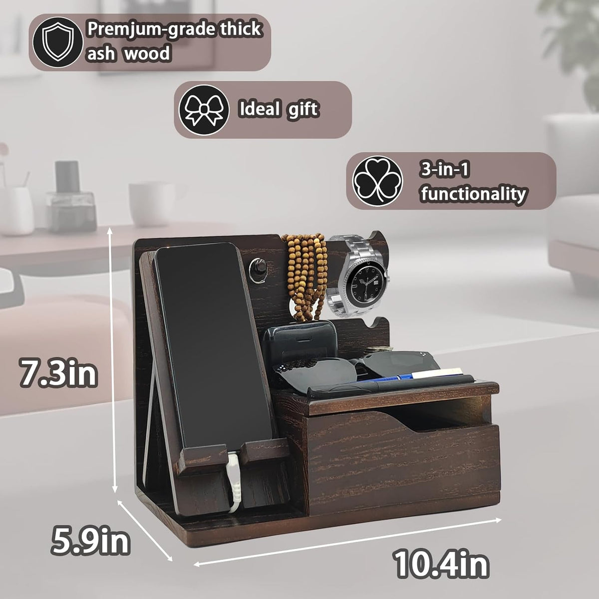 3-in-1 Wood Phone Docking Station Organizer with Drawer & Hidden Charging Hole for Phone, Keys, Glasses & Accessories, for Men (Brown, 01)